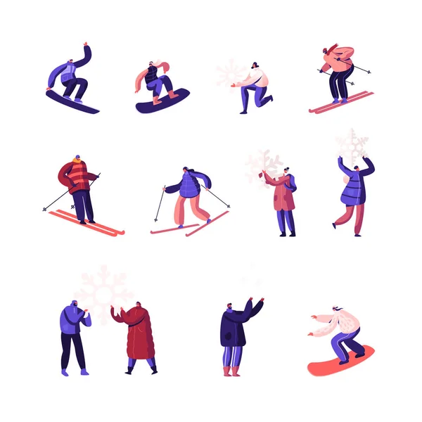 Winter Time Season Holidays Entertainment Activity Set. Happy People Riding Snowboard and Skis, Playing with Snow. Sportswomen Having Fun on Ski Resort Going Downhill. Cartoon Flat Vector Illustration — 스톡 벡터