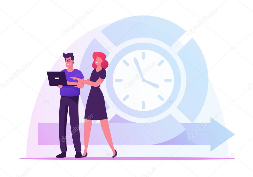 Teamwork on Project Using Agile Development Technology. Businessman Work on Laptop Discussing with Colleague Strategic Planning of Business Processes. Scrum Task Board Cartoon Flat Vector Illustration