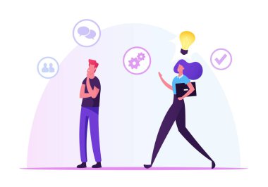 Çevik Gelişim Metodolojisi Konsepti. Düşünceli İşadamı Agile Teknolojisini Kullanmayı Düşünen İş kadını 'nın paylaşmak için bir fikri var. İş Stratejik Planlama Çizgi Filmi Düz Vektör İllüstrasyonu