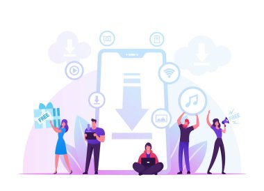 Ücretsiz İndirme Kavramı. Torrent Sunucu Hizmetlerini Kullanarak Büyük Akıllı Telefon Aktarımı ve Paylaşım Dosyaları etrafındaki karakterler. Çevrimiçi Medya Alışverişi, Modern İnsanlar Yaşam Tarzı Çizgi Film Düz Vektör İllüstrasyonu
