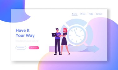 Çevik Gelişim Teknolojisi Web Sitesi İniş Sayfası. Proje 'de takım çalışması. İş adamı Laptop üzerinde çalışıyor İş Arkadaşları İş Stratejisi Yöntemi Web Sayfası Afişi ile tartışıyor. Çizgi film Düz Vektör İllüstrasyonu