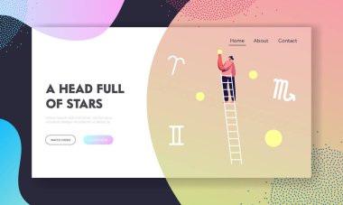 Cosmos Exploration, Uzay Eğitimi Web Sitesi İniş Sayfası. Koç, Gemini ve Scorpio Zodiac takımyıldızları arasında Merdiven Üzerinde Kız Yıldızı Al Web Sayfa Çizgi Filmi Düz Vektör İllüzyonu