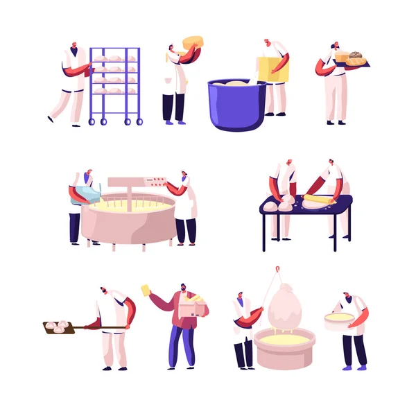 Bakery and Cheese Factory, Food Production Set. Bakers Characters Kneading Dough, Cheesemaker Decant Dairy Mass in Professional Equipment Working on Modern Manufacture Cartoon Flat Vector Illustration — 스톡 벡터