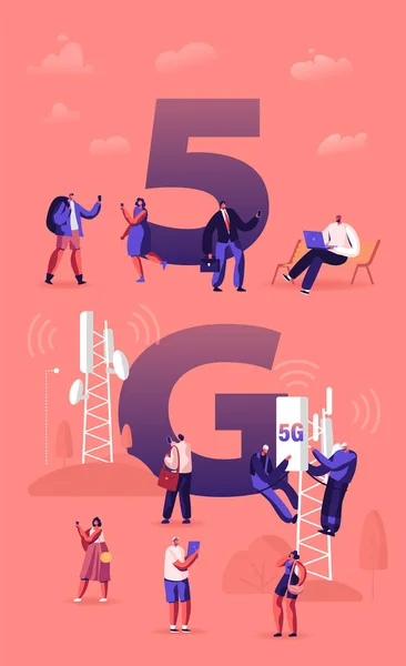 5G Teknoloji Konsepti. Verici Kulesi 'ndeki işçiler Yüksek Hızlı Mobil İnternet, Çevrimiçi İletişim Poster Broşürü için Yeni Nesil Ağı Kurdular. Çizgi film Düz Vektör İllüstrasyonu — Stok Vektör