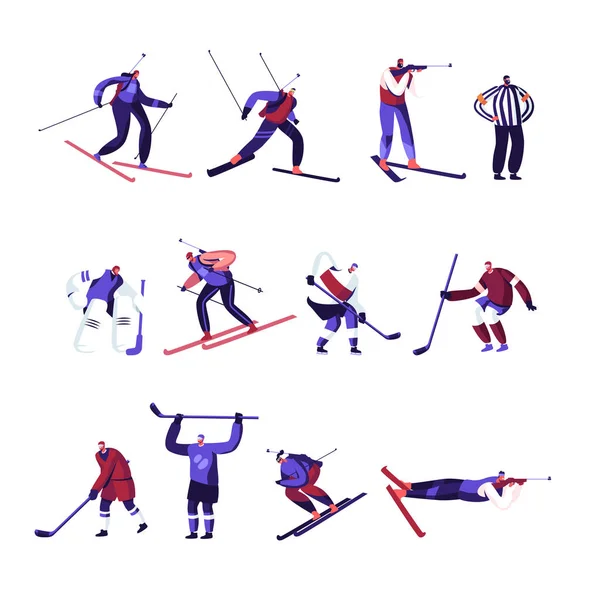 Зимові види спорту хокей, фрістайл, змагання з біатлону або тренувальний набір ізольовані на білому тлі. Спортсмени в уніформі взяли участь у чемпіонаті турнірі мультфільм плоский Векторні ілюстрації — стоковий вектор