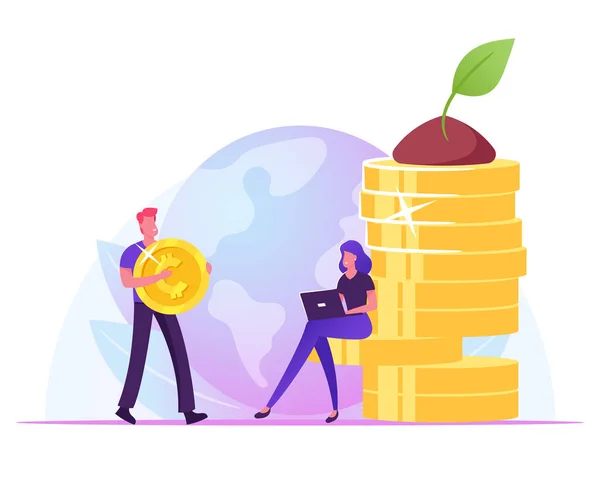 Businessman Carry Huge Golden Coin, Businesswoman Working on Laptop Sitting at Money Pile with Green Plant Growing on Top. Eco Business Corporate Social Responsibility Cartoon Flat Vector Illustration — Stock Vector
