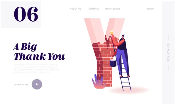 Thank You Word Spelling Website Landing Page. Woman Stand on Ladder Holding Bucket with Paint and Brush Painting Huge Letter Y Made of Red Bricks Web Page Banner. Cartoon Flat Vector Illustration — 스톡 벡터