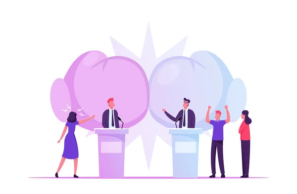 Political Debates, Pre-election Campaign Voting Process, Candidates Stand on Tribunes for Promotion and Advertising Interview, Active Political Discussion, Debating, Cartoon Flat Vector Illustration