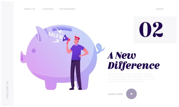 Zakupy Promocja, Ogłoszenie, Reklama i Program lojalnościowy Witryna internetowa Landing Page. Mężczyzna płacze do Głośnika w pobliżu Ogromnej Piggy Bank. Wyprzedaż w Sklepie Baner strony internetowej. Ilustracja wektora płaskiego kreskówki — Wektor stockowy