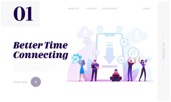 Gratis nedladdning webbplats landning sida. Karaktärer på enorma Smartphone Transfer och dela filer med hjälp av Torrent Servers Services. Online Media Shopping webbsida Banner. Tecknad platta vektor Illustration — Stock vektor