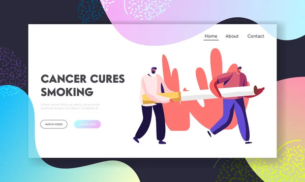 Smoking Addiction and Bad Malhealthy Habit Website Landing Page. Les personnages masculins portent une énorme cigarette. Addicted Men with Nicotine and Tobacco Product Web Page Banner. Illustration vectorielle plate de bande dessinée — Image vectorielle