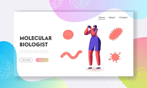 Bacteriology Science Website Landing Page (en inglés). Mujer Bióloga Molecular con Cámara Fotográfica Haciendo Imágenes de Microbios, Virus y Bacterias Volando alrededor de la Página Web Banner. Dibujos animados plana Vector Ilustración — Vector de stock