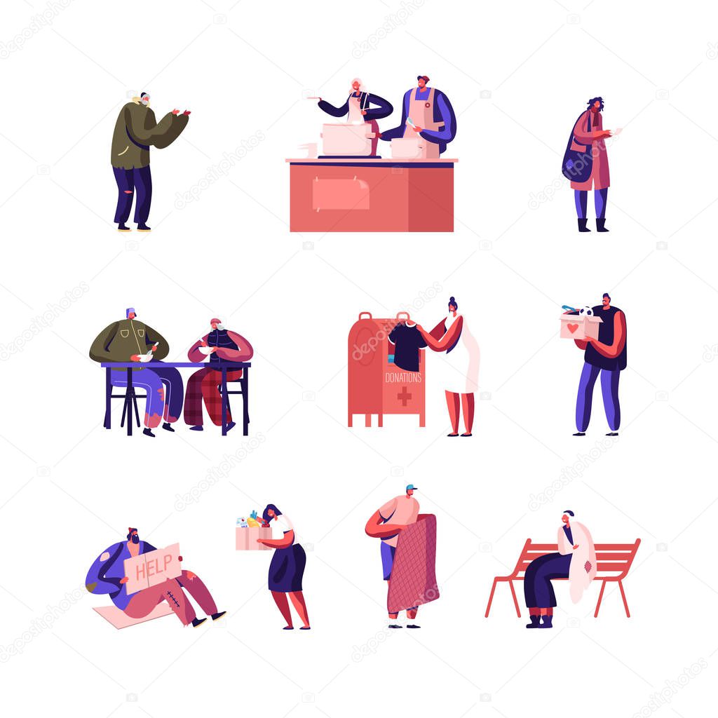 Donation and Charity Set. Male and Female Characters Bringing Boxes with Different Things and Clothes for Poor Homeless People Appears in Complicated Life Situation. Cartoon Flat Vector Illustration