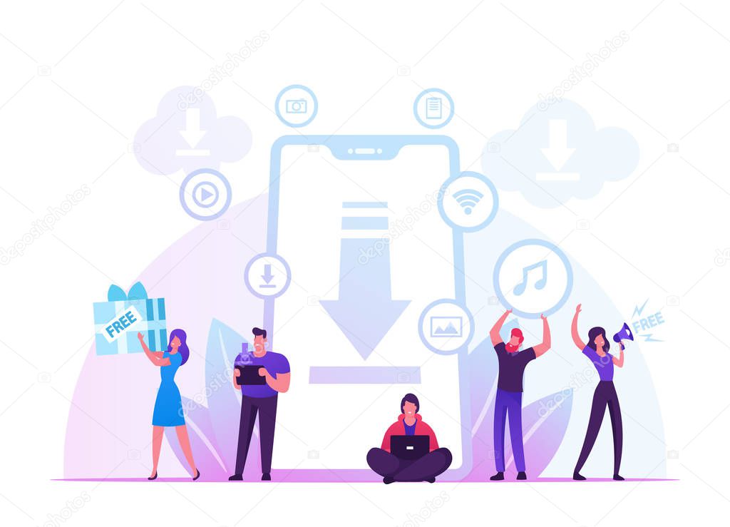 Free Download Concept. Characters around of Huge Smartphone Transfer and Sharing Files Using Torrent Servers Services. Online Media Shopping, Modern People Lifestyle Cartoon Flat Vector Illustration