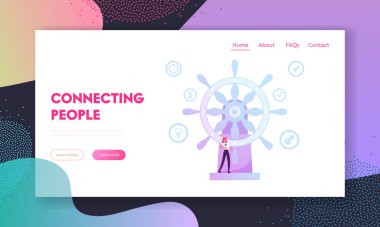 Şirket Yönetimi Web Sitesi İniş Sayfası. Başarılı İşkadını, Şirket Geliştirme web sitesi için Doğru Yön Seçme Tekerleği Altında Duruyor. Çizgi film Düz Vektör İllüstrasyonu