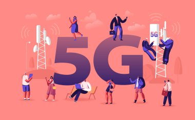 5G Teknoloji Konsepti. Verici Kulesi 'ndeki işçiler Yüksek Hızlı Mobil İnternet, Çevrimiçi İletişim Poster Broşürü için Yeni Nesil Ağı Kurdular. Çizgi film Düz Vektör İllüstrasyonu