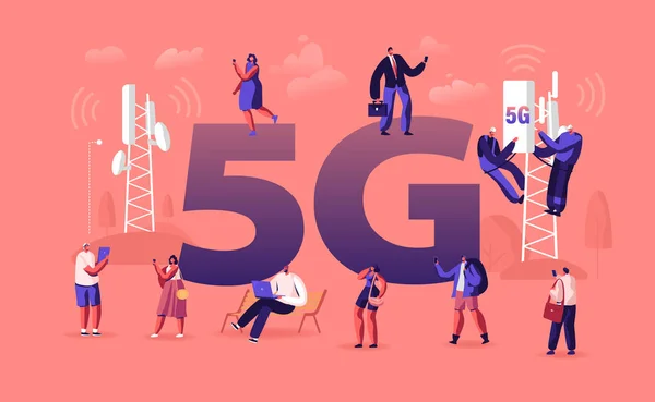 5G Teknoloji Konsepti. Verici Kulesi 'ndeki işçiler Yüksek Hızlı Mobil İnternet, Çevrimiçi İletişim Poster Broşürü için Yeni Nesil Ağı Kurdular. Çizgi film Düz Vektör İllüstrasyonu — Stok Vektör