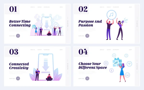 Layanan Unduh Gratis di Situs Web Internet Landing Page Set. People Saving Media Files and Information Using Applications on Smartphone and Computer Web Page Banner (dalam bahasa Inggris). Ilustrasi Vektor Flat Kartun - Stok Vektor