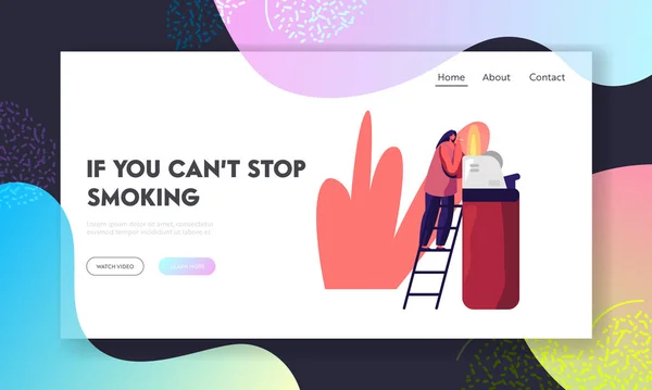 Smoking Addiction Causing Harm to Health Problem, Cancer Website Landing Page. Tiny Woman Stand on Ladder Light Cigarette from Huge Burning Lighter Web Page Banner. Illustration vectorielle plate de bande dessinée — Image vectorielle