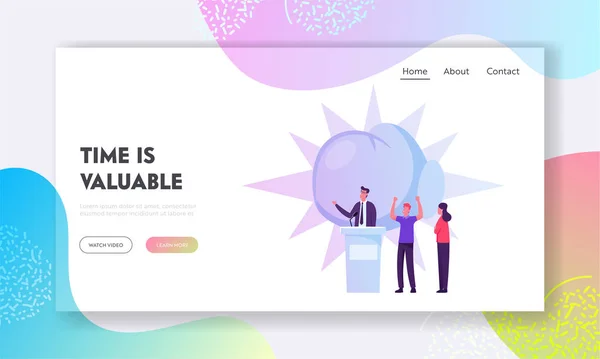 Political Debates Website Landing Page. People Support Speaker Candidate Standing on Tribune Giving Speech. Characters Execute Rights and Law Duties Web Page Banner. Cartoon Flat Vector Illustration — 스톡 벡터