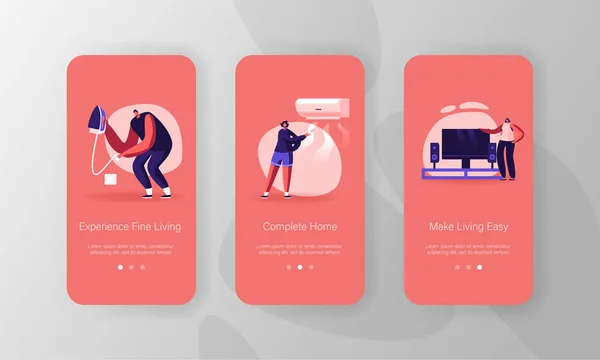 Smart Home Mobile App Page Onboard Screen Set. People Use Television, Iron and Air Conditioner with Iot, Internet of Things Technology Concept for Website or Web Page (dalam bahasa Inggris), Cartoon Flat Vector Illustration - Stok Vektor