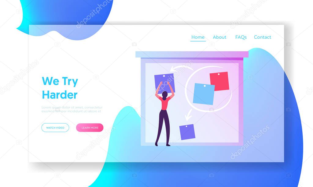Agile Software Development Website Landing Page. Business Woman Put Stick Notes on Board Create Strategy of Project Management. Kanban Technology Web Page Banner. Cartoon Flat Vector Illustration