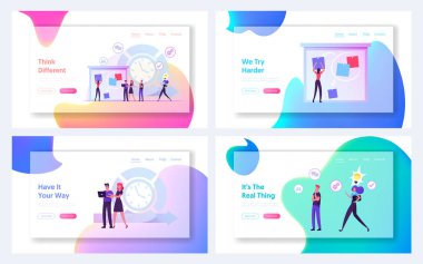 Takım çalışması Süreci Web Sitesi İniş Sayfası Ayarlandı. Programcılardan oluşan çevik bir iş ekibi Scrum tahtasında çalışıyor ve biraz plan yapıyor. Günlük Şema Yöntemi Web Sayfası Afişi. Çizgi film Düz Vektör İllüstrasyonu