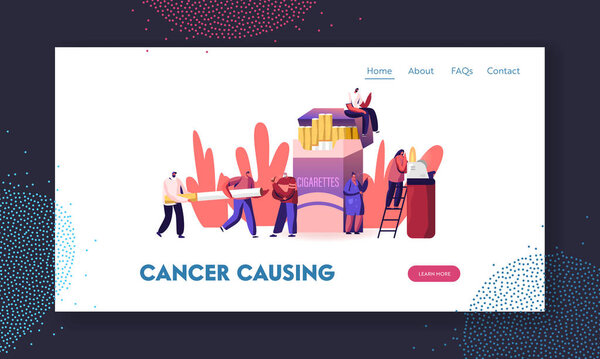 Smokers and Smoking Addiction Website Landing Page. Young and Old People Smoke near Huge Cigarettes Box, Senior with Pipe in Public Place. Bad Habit Web Page Banner. Cartoon Flat Vector Illustration