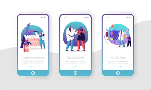 Pagina delle app mobili per la vaccinazione umana a bordo dello schermo. Vaccino per la protezione dalle malattie. Medico messo iniezione al bambino, Concetto di immunizzazione per il sito Web o la pagina Web, illustrazione del vettore piatto del fumetto — Vettoriale Stock