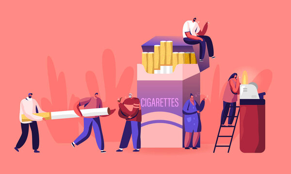 Smokers and Smoking Addiction Concept. Young and Old People Smoke near Huge Cigarettes Box, Senior with Pipe in Public Place. Male and Female Characters Have Bad Habit Cartoon Flat Vector Illustration