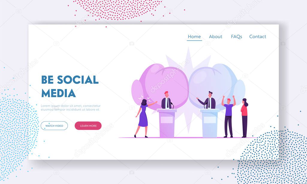 Political Debates, Pre-election Campaign Website Landing Page. Candidates Stand on Tribunes for Promotion and Active Political Discussion, Debating Web Page Banner. Cartoon Flat Vector Illustration