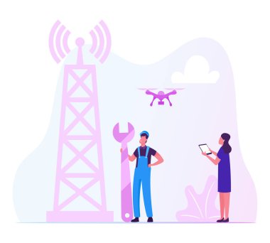 Transmisyon Telekomünikasyon Kulesi 'nde 5g internet için Uniform Hold Wrench Teçhizat Yükleme İşçisi. Kadın Kontrol Kuadkopteri, Yüksek Hız İletişim Teknolojisi Çizgi Film Düz Vektör İllüstrasyonu