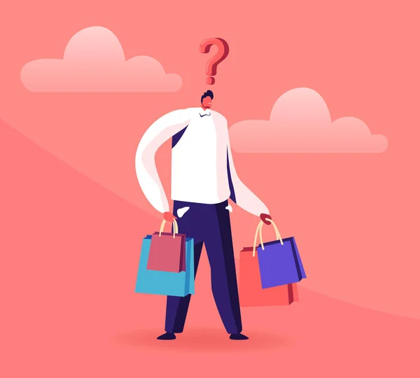 Jongeman met vraagteken boven Head Hold Kleurrijke Shopping Bags. Man Karakter doet boodschappen. Seizoensgebonden verkoop, Korting, Shopaholic met aankopen in papieren verpakkingen. Cartoon Flat Vector Illustratie — Stockvector