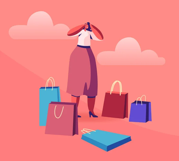 Young Woman Shopaholic Stand Surrounded with Many Colorful Shopping Bags Holding Head Frustrated about Making Lot of Useless Purchases in Mall. Girl Shopper in Store Cartoon Flat Vector Illustration — 스톡 벡터