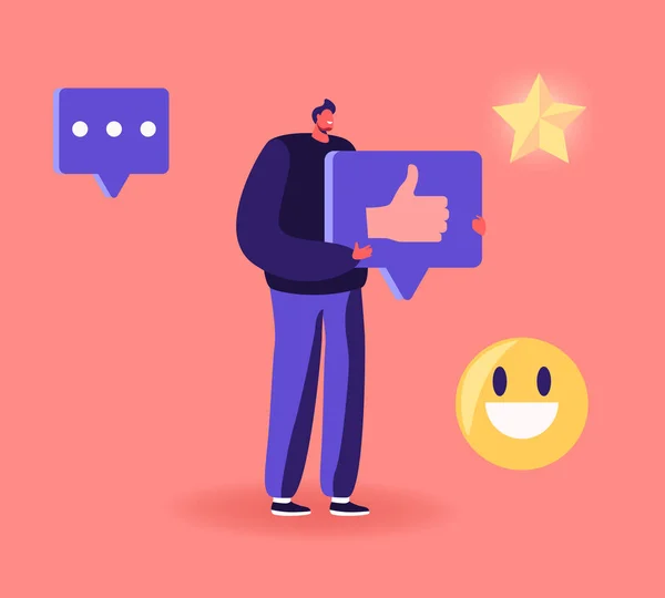 Man karakter houden Enorme duim omhoog Inloggen handen met verschillende social media iconen in de buurt. Follower Giving Like to Media Blogger of Post in Internet Network. Cartoon Flat Vector Illustratie — Stockvector