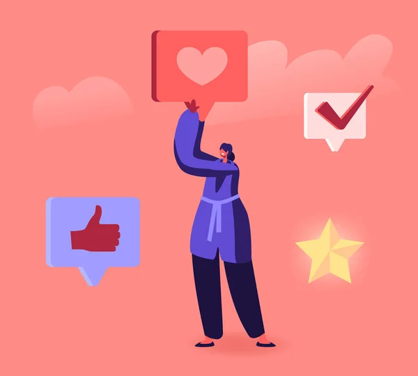 Obrigado Concept. Jovem Mulher Social Media Blogger ou Follower Segurando enorme ícone do coração em mãos com ícones da Internet Polegar para cima, Rating Star and Check Mark around. Desenhos animados ilustração vetorial plana — Vetor de Stock