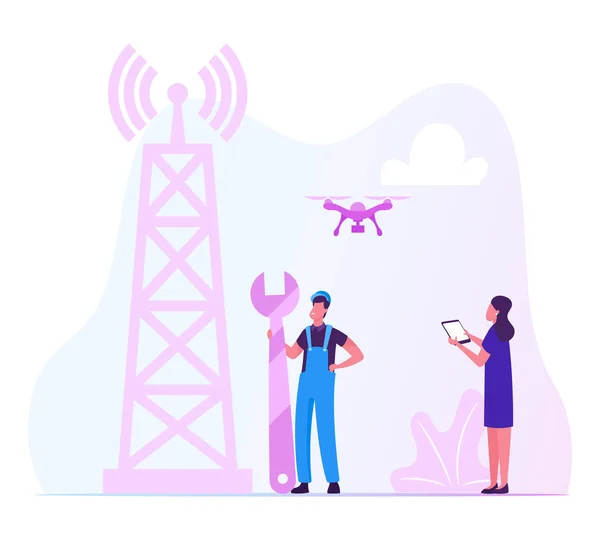 Worker in Uniform Hold Wrench Install Equipment for 5G Internet on Transmission Telecommunication Tower. Woman Control Quadcopter, High-speed Communication Technology Cartoon Flat Vector Illustration — 스톡 벡터
