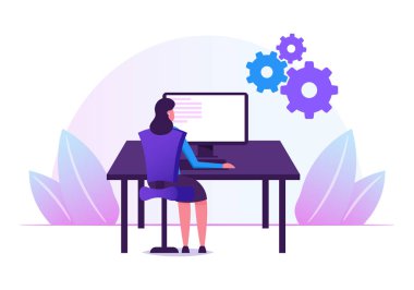 Devops Yazılım Geliştirme Uygulamaları Metodolojisi ile çalışan kadın programcı. Genç Kadın Geliştirici Ofis Masasında Bilgisayar Geliştirme Yazılım Çizgisi Düz Vektör İllüstrasyonu üzerine çalışıyor