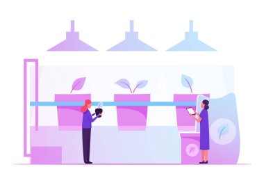 Hidrofonik Bahçe Konsepti. Organik Hidrofonik Sistemde Çiftçiler Sebze Yetiştirme ve Su Temelli Besin Zenginliği Çözümünde Toprak Çizgi Filmlerinde Düz Vektör İlülasyonu Olmaksızın Çalışıyor