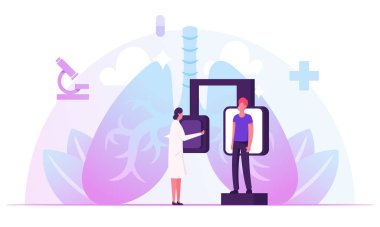 Florografik muayene, X-ray Tıbbi Teşhis Kontrolü. Hasta Akciğer Hastalığı için Radyoloji Ekipmanı Doktor Tarama Patolojisi Tanısal Çizgi Çizgi Filmi Düz Vektör İllüzyonu