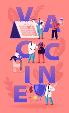 Aşı Uygulama Konsepti Planlanıyor. Doktor Çocuklara ve Yetişkinlere Hastalık, Aşı ve Bağışıklık Posteri Afiş Broşürü 'nden Korunma İçin İğne Yaptı. Çizgi film Düz Vektör İllüstrasyonu