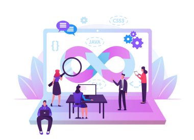 Devops Uzmanları İşbirliği Yapıyor. Programcılar ve iş adamları Dev Laptop 'ta. Yazılım Yapımının Tüm Adımları 'nda Gelişim Otomasyonu, İzleme Döngüleri. Çizgi film Düz Vektör İllüstrasyonu