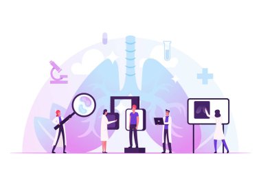 Pulmonoloji bölümünde florografik inceleme klinikte. Akciğerler X-ray Tıbbi Teşhis Kontrolü. Hasta Teşhisi için Doktor Araştırma Patolojisi Çizgi Filmi Düz Vektör İllüstrasyonu