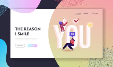 Web sitesi İniş Sayfası. Minnettar Blogger ya da Medya Kişisi İnternet Sosyal Ağ Takipçilerine Teşekkür Ediyor. Mobil İletişim Teknolojisi Web Sayfası Afişi. Çizgi film Düz Vektör İllüstrasyonu