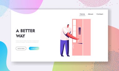 Ev Yapay Zeka Aygıtı Web Sitesi İniş Sayfası. Akıllı Buzdolabını Kablosuz Kablosuz İnternet Bağlantısıyla Açan Adam. Mutfak Teknoloji Web Sayfası Afişi. Çizgi film Düz Vektör İllüstrasyonu