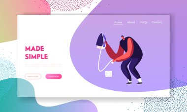 Nesnelerin İnternet Sitesi İniş Sayfası ile Aygıt. Man, Akıllı Aygıt Web Sayfası Çizgi Filmi Düz Vektör İllüstrasyonu ile Her Gün Ev Yapımı Rutin Faaliyetini Yaparken Demir Fişi Sokete Etti