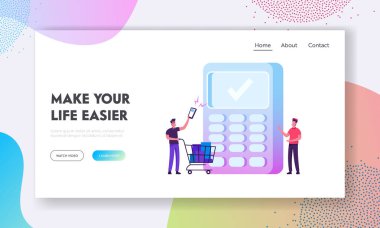 Cashless Paying Website Landing Page. Man Buyer Holding Smartphone with Application for Online Payment Pushing Trolley with Purchases to Cashier Desk Web Page Banner. Cartoon Flat Vector Illustration clipart