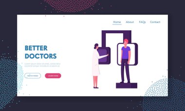 Florografik İnceleme, X-ray Tıbbi Teşhis Kontrol Sitesi İniş Sayfası. Doktor Hasta Pulmonolojisi Web Sayfası Afişi için Radyoloji Ekipmanı Hazırla. Çizgi film Düz Vektör İllüstrasyonu
