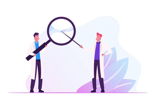 Couple of Male Doctors in Medical Robe Holding Huge Magnifier in Hands Pointing through Glass. Hospital Healthcare Staff at Work. Medicine Profession, Occupation. Cartoon Flat Vector Illustration