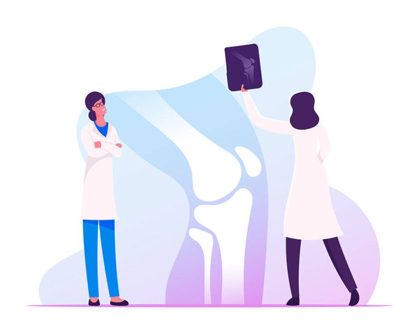 Medical Concilium, Healthcare Concept. Doctor Traumatologist Look at X-ray Picture with Limb Fracture Discuss Patient Treatment with Colleague Specialist in Hospital Cartoon Flat Vector Illustration